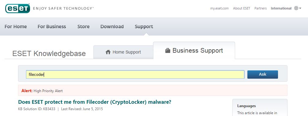 Does eset protect me from filecoder (cryptolocker) malware?