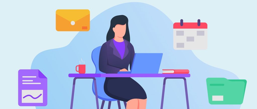 Business woman work on laptop on office desk concept with icons related