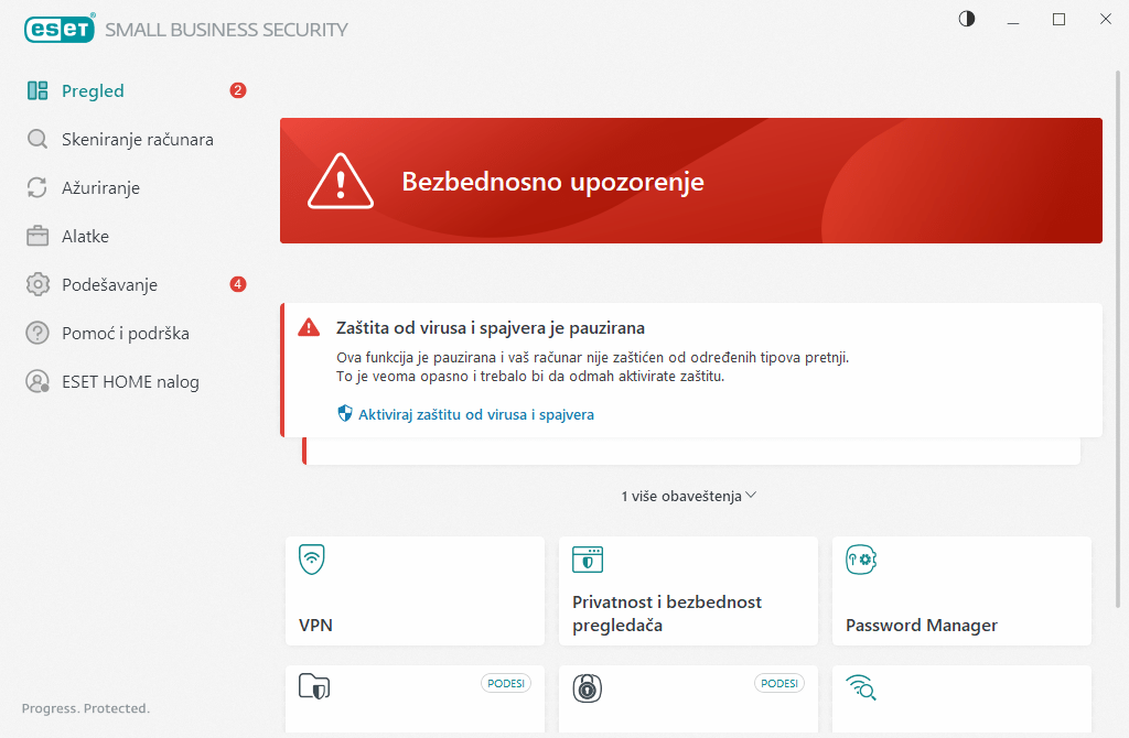 ESET interfejs sa funkcijama za zaštitu podataka, prevara i šifrovanje – dizajniran za potrebe malih biznisa.