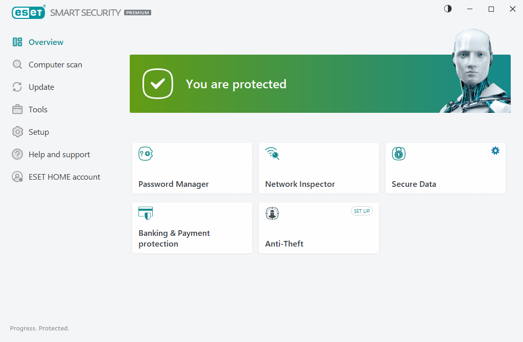 ESET Smart Security Premium interfejs – sveobuhvatna zaštita uređaja, lozinki, privatnosti i online plaćanja.
