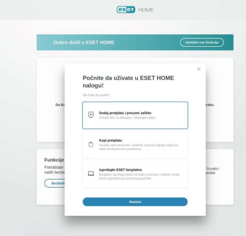 ESET HOME interfejs za dodavanje pretplate i aktivaciju osnovne sajber zaštite – sigurnost za internet, plaćanja i Wi-Fi mreže.