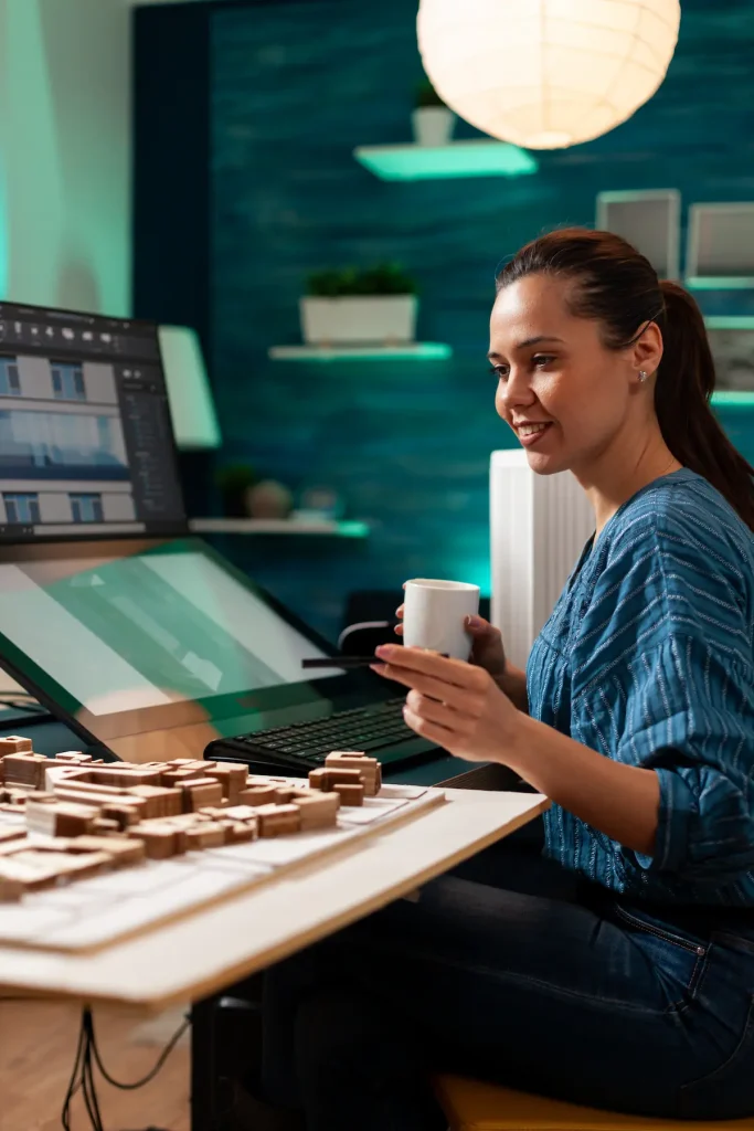 Engineering project designer looking digital blueprint