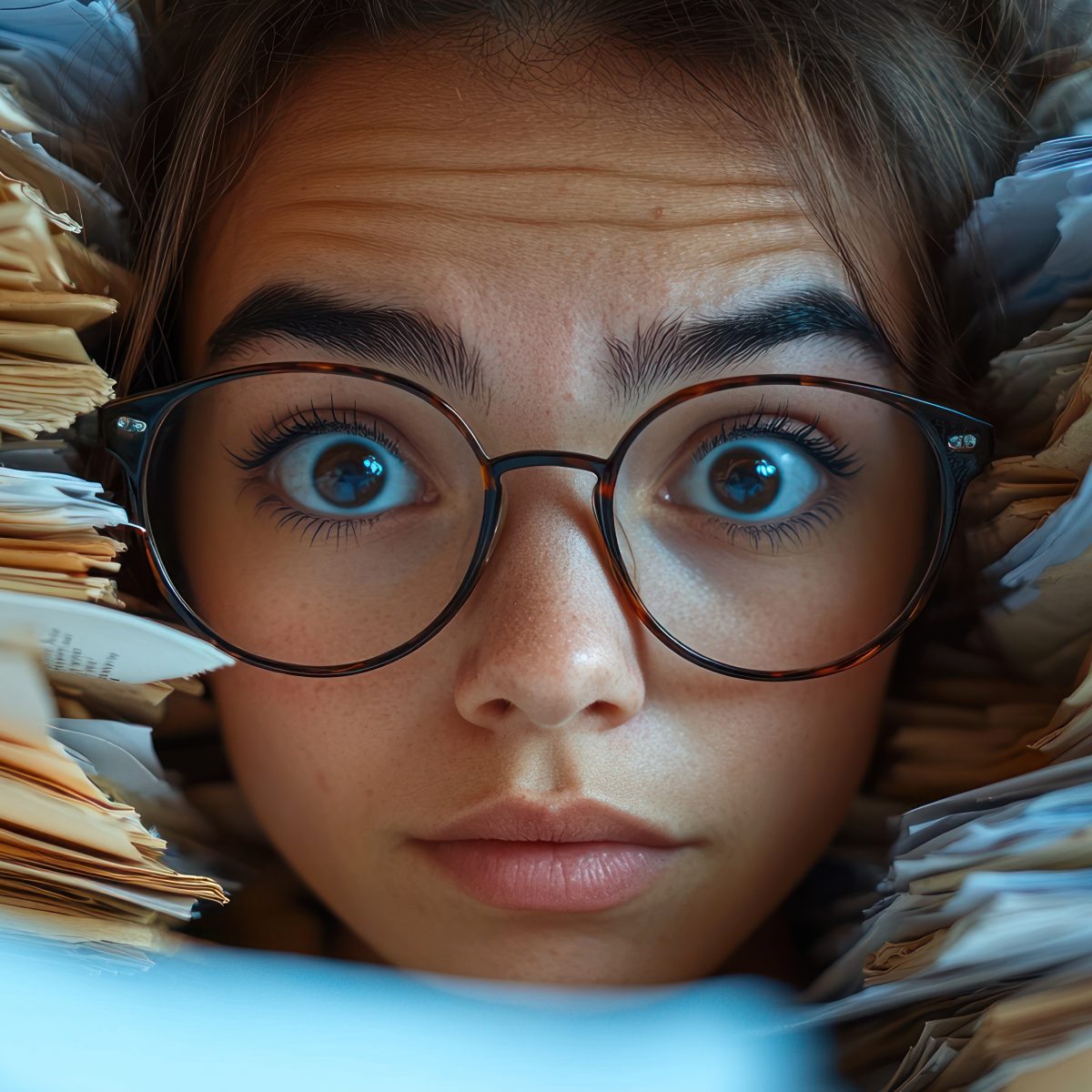 Woman with glasses surrounded by large piles of paper looks stressed.