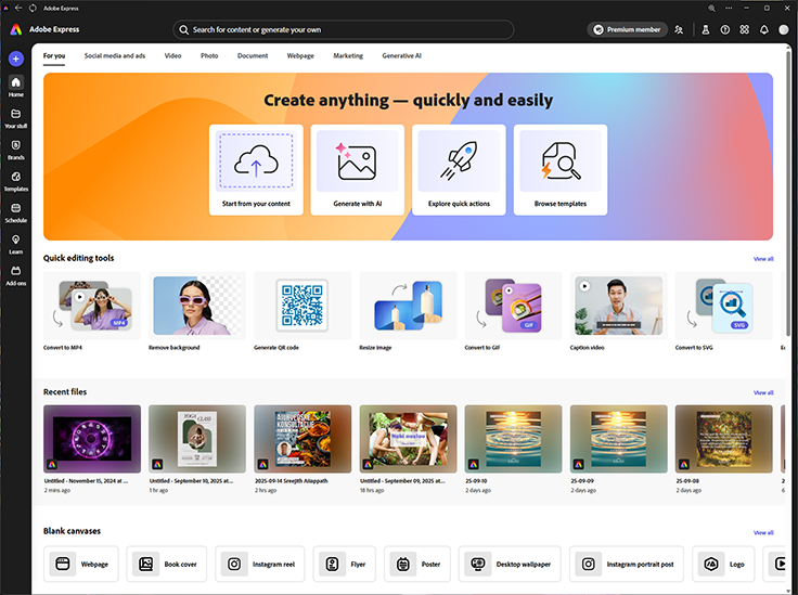 Adobe Express - uvodni ekran